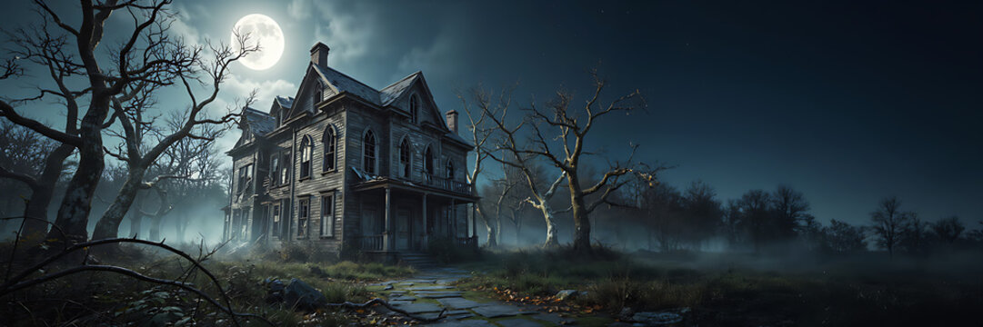 A spooky abandoned mansion surrounded by bare trees and thick fog under a glowing full moon on a dark night with a stone path in the foreground