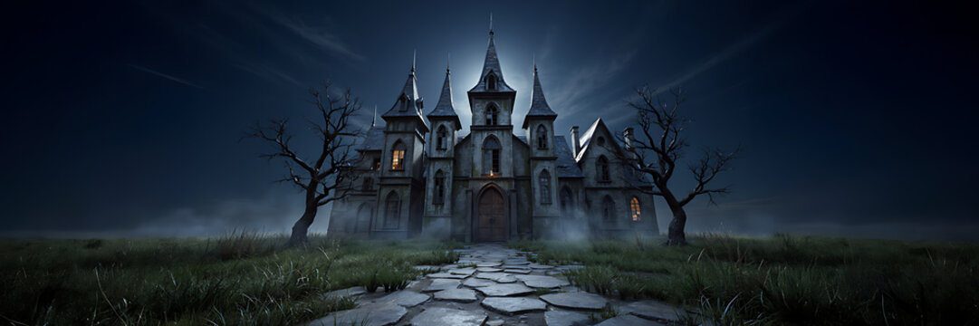 A spooky old mansion at night with a stone path leading to the entrance, surrounded by bare trees and thick fog under a bright full moon