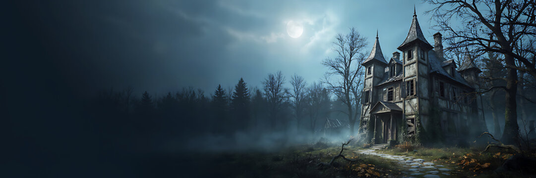 An old abandoned gothic mansion with tall turrets in a misty forest under a bright full moon with bare trees and a stone path in the foreground