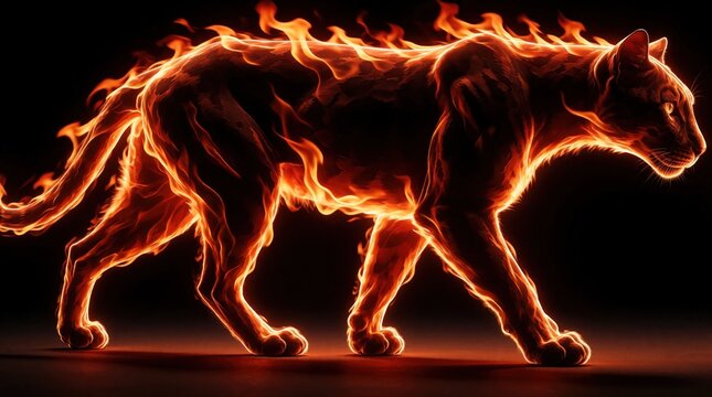 Feline creature formed from vibrant orange flames walks forward. Burning animal silhouette against dark background glows with intense heat and mystical energy.