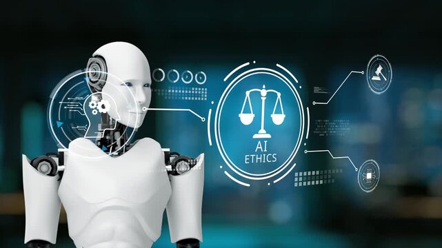 A sleek robot engages with digital symbols representing AI ethics, illustrating the important intersection of technology, law, and moral responsibility in modern society. Synapse