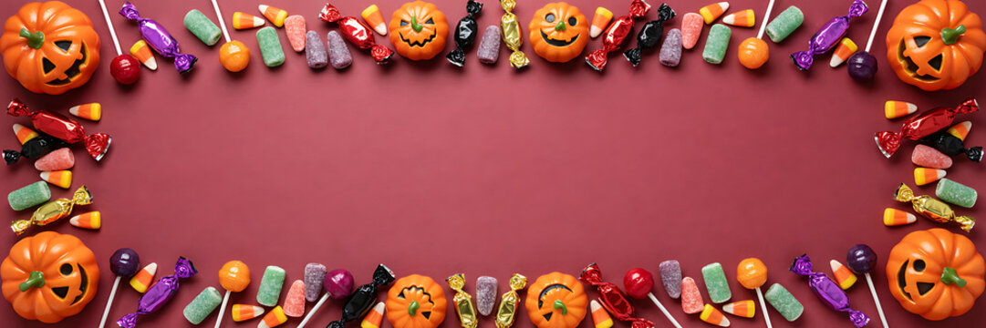 Halloween border frame with carved jack-o-lantern pumpkins and colorful candies arranged on a solid dark red background, with empty center space