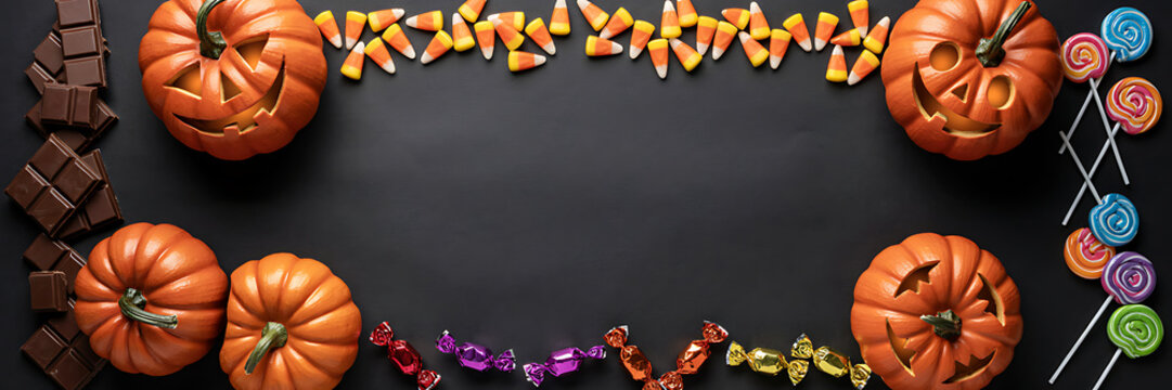 Halloween border frame with carved jack-o-lantern pumpkins, chocolate bars, and colorful candies on a dark black background, with copy space