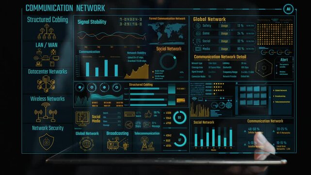 Explore a comprehensive infographic showcasing various aspects of communication networks, including structured cabling, signal stability, and network security metrics. Cipher