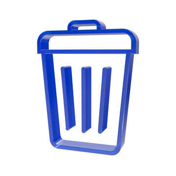 3D blue glossy trash bin icon with a hollow frame structure isolated on a solid black background, representing digital waste management and delete functions