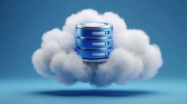 Database icon rests atop fluffy cloud against blue backdrop. Digital storage concept, virtual data server, cloud computing technology symbol. Online information system, tech infrastructure