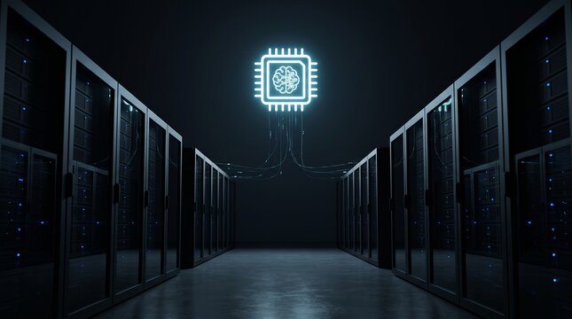 AI data center corridor with glowing Ai chip icon between rows of servers