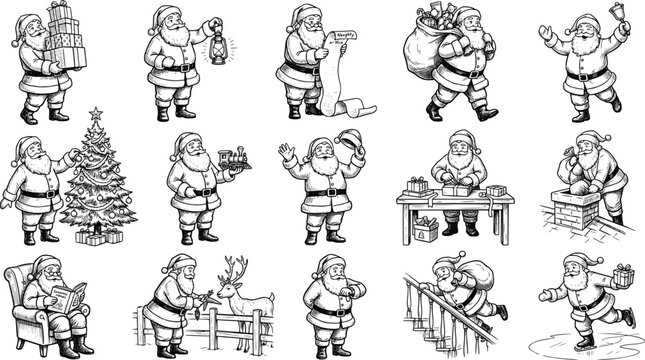 Santa-Claus Vintage Sketch Vector Illustration Clipart Character Collection