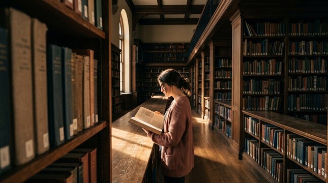 Young female student reading an open book in a classic historic library with sunlight