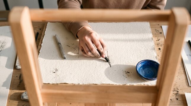 Artist hand drawing with black charcoal stick on textured fine art paper at a wooden studio desk