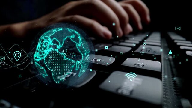 This image showcases a digital concept of global communication, depicting a glowing globe over a keyboard with interconnected lines symbolizing technology in a modern setting. Xenic