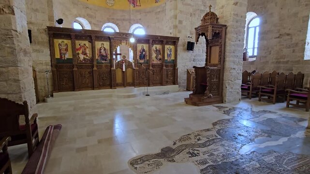 Saint George Greek Orthodox Church in Madaba, Jordan, showing the sixth-century Madaba Mosaic Map of Jerusalem and the Holy Land preserved in the church floor