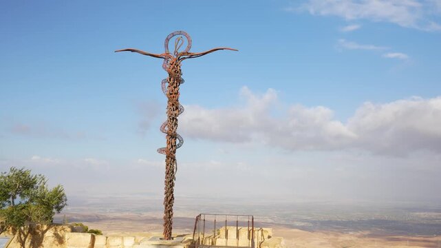 Serpentine Cross and Brazen Serpent monument on Mount Nebo near Madaba, Jordan, overlooking the Jordan Valley from the historic biblical pilgrimage site