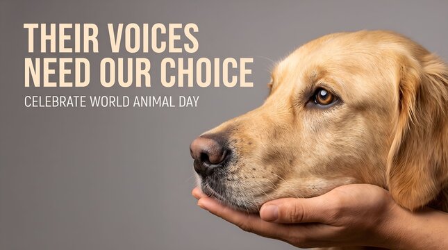 World Animal Day banner with golden retriever dog resting muzzle on human hand