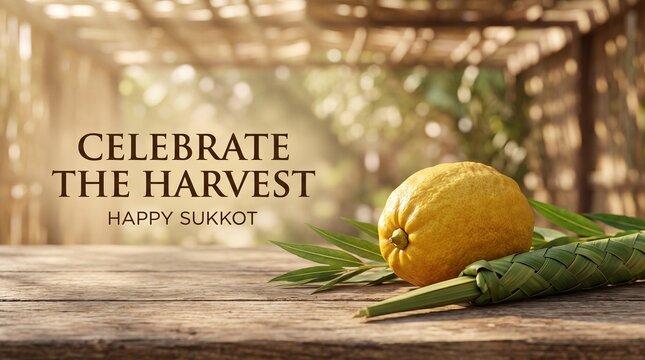 Happy Sukkot banner with etrog and lulav on wooden table inside sukkah with sunlight