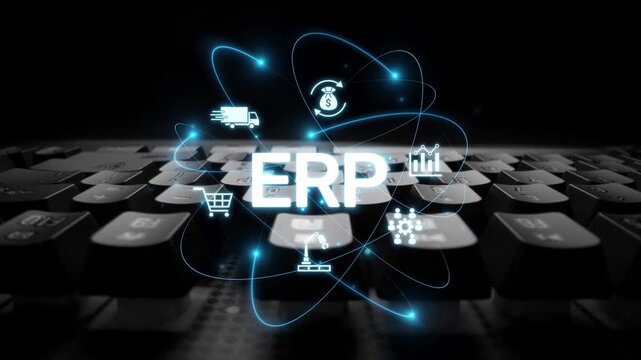 ERP platform visual showing centralized system for enterprise resource planning, improving integration, data flow, business efficiency, finance, inventory, and human resources. Muxer