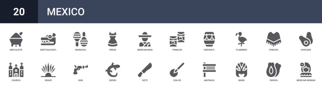 Set of 20 solid Mexico icons for dashboards, app screens and website sections. Filled glyph collection including quetzalcoatl, dress, tamales, flamingo and poncho.
