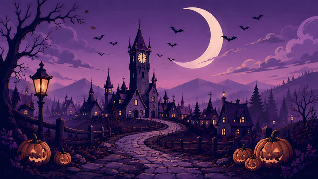 Spooky purple halloween landscape with haunted clock tower castle crescent moon bats