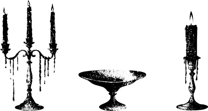 Grunge black and white stencil classic candelabra candlestick and pedestal bowl set for vintage design background