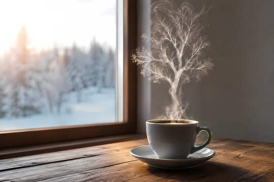 Cup of coffee. Coffee cup near window with steam shaped like tree on winter background.