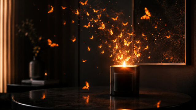 A candle burns softly in a dim room