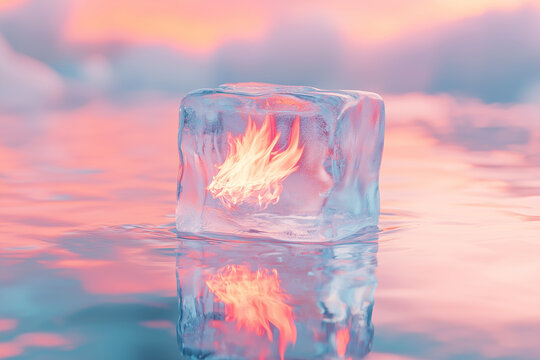 Sunset visual highlighting ice cube fire and floating with color, depth and character. Water image presenting cold in a detailed contemporary style. Visual details emphasize hot, bokeh and life.