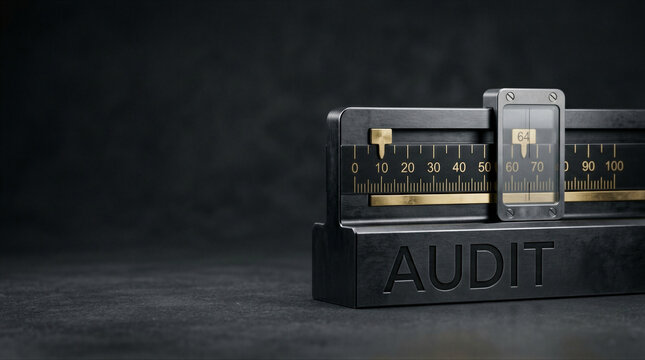 Metal scale with sliding indicator showing value 64 on audit measuring device. Business performance assessment and quality evaluation. Compliance and rating measurement concept
