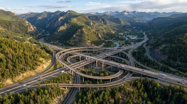 Aerial View of a Complex Highway Interchange Surrounded by Lush Green Mountains.