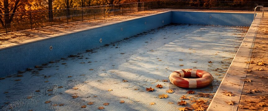 Piscina vac&iacute;a sin agua, con flotador abandonado y con hojas secas, llegada del oto&ntilde;o.