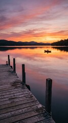 Fototapeta premium Wooden dock extending into a calm lake with boat at sunset