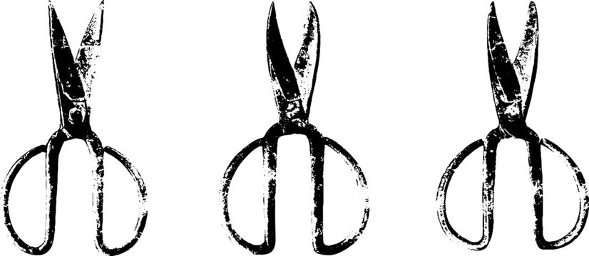 Grunge black and white scissor stencil set of isolated vintage shears silhouettes for background and poster design