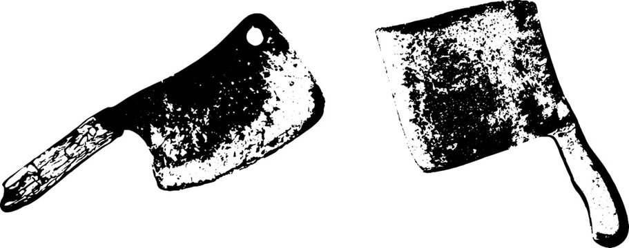 Grunge black and white cleaver stencil set of isolated butcher knives with worn texture for background poster and kitchen design