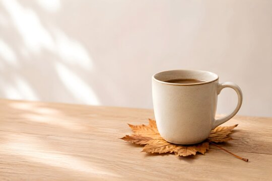 Taza de caf&eacute; sobre una hoja seca a modo de posavasos. Luz oto&ntilde;al.