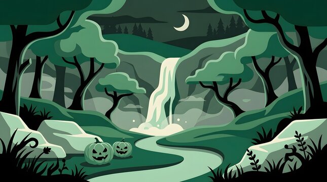 A spooky pixel art landscape featuring a glowing waterfall flowing through a dark forest with carved jack o lanterns