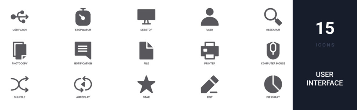 Set of 15 solid User Interface icons for dashboards, app screens and website sections. Filled glyph collection including stopwatch, user, photocopy, file and printer.
