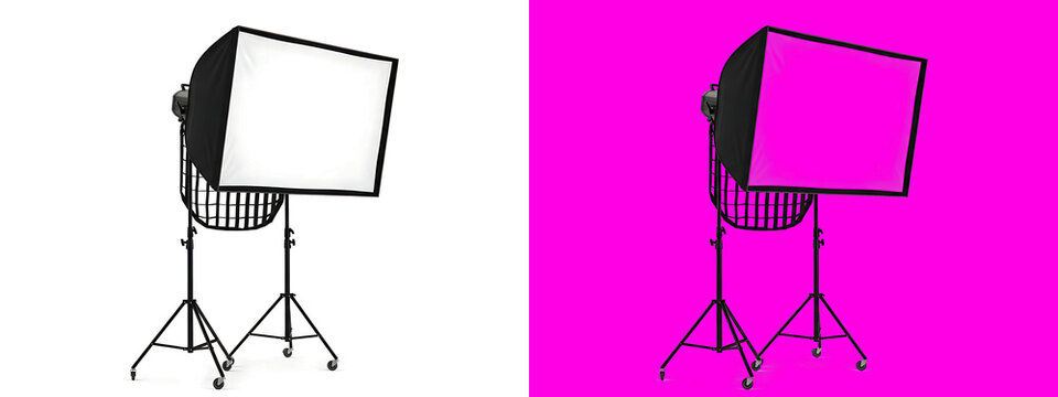 Studio lighting softbox on a tripod stand, equipment with black frame on white and bright pink backgrounds, isolated gear isolated on a transparent background
