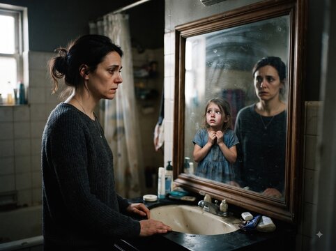 Sad Woman Looking in Mirror Seeing Reflection of Crying Little Child, Inner Child Healing, Trauma, and Self-Doubt Concept