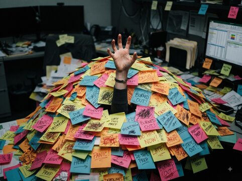 Hand Reaching Out from Massive Pile of Colorful Sticky Notes Covered in Urgent Work Reminders, Office Burnout and Overwork Concept