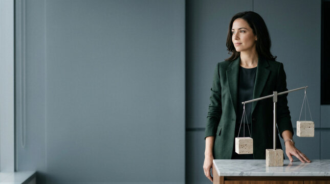 Woman in green blazer standing beside balance scale with stone cubes on marble table. Justice and law concept. Unequal scales symbolizing decision making and weighing options