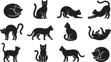Obraz premium Set of black cat silhouettes in various poses including sitting walking stretching and sleeping isolated on white background