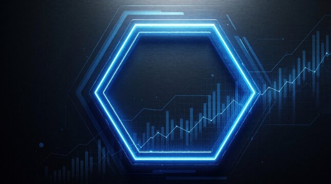 Blue glowing hexagonal frame overlays digital stock market chart. Rising financial graph shows economic growth, business success. Futuristic tech background features upward trend line, data