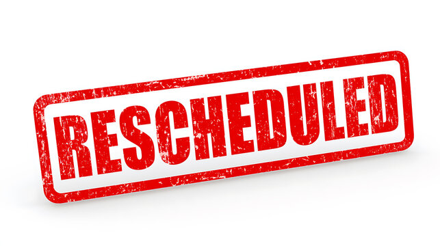 Red grunge rubber stamp with the text rescheduled isolated on a white background, representing event postponement, calendar change, and delay