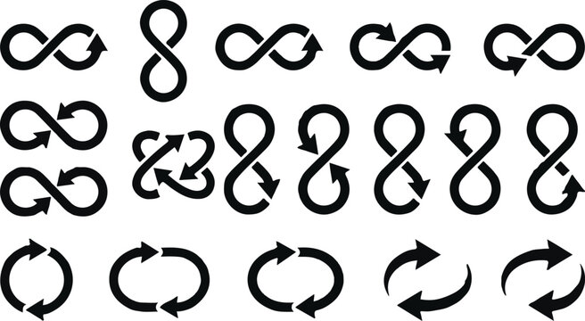 Collection of black infinity and circular rotation arrow icons on a white background with infinity loop black icon recycle sign reload icon web element