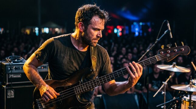 Rock Star Bassist on Stage: A focused male bassist passionately plays his instrument on a concert stage, illuminated by vibrant lights and surrounded by an enthusiastic crowd.