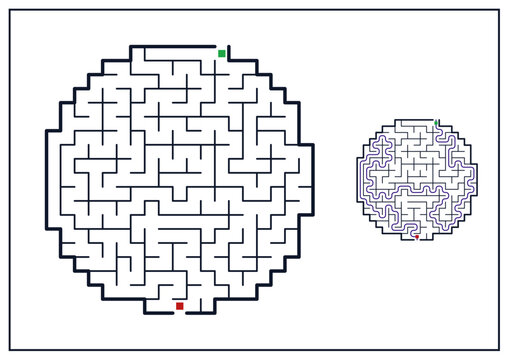 Maze design featuring circular paths and entry-exit points  