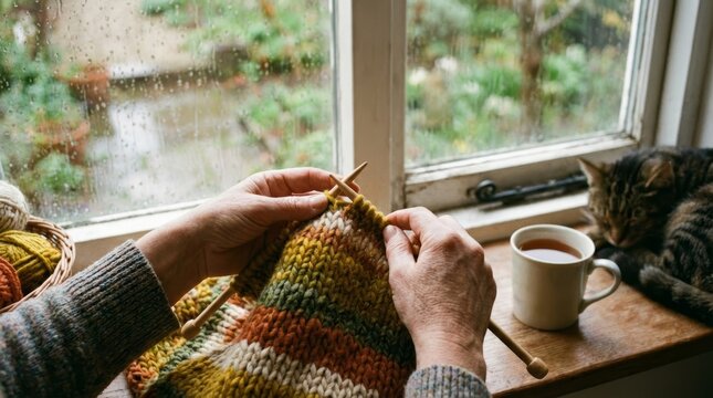 Knitting by Rainy Window with Cat and Tea