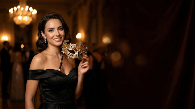 Woman in black evening dress holding golden venetian masquerade mask at luxury ballroom. Smiling girl at carnival ball party. Mystery celebration and masquerade event concept