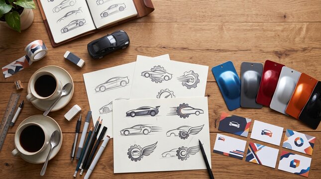 Automotive Design Concept: A desk filled with car sketches, color swatches, coffee, and design tools, showcasing the creative process of automotive design and concept creation.