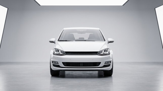 Modern Car in Studio: A sleek, white, modern sedan is presented head-on in a minimalist studio environment, highlighting its contemporary design and clean lines.
