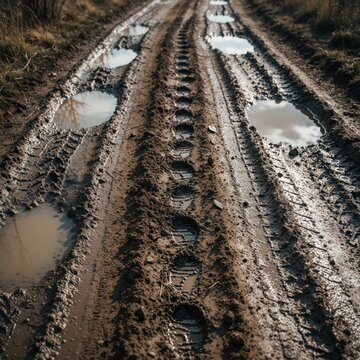 Dirty muddy road with deep tire tracks, water puddles. Wet earth terrain shows rough texture after heavy rain in rural countryside. Unpaved dirt track makes difficult driving path for offroad vehicle